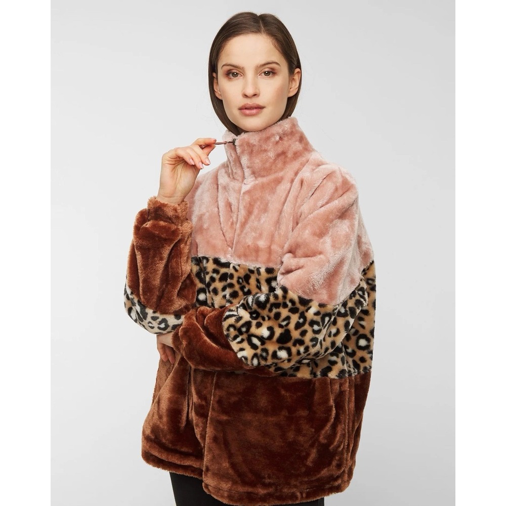 UGG Elaina Faux Fur Jacket Cliff Multi Leopard Colorblock Women's XS
